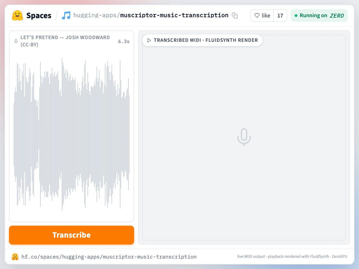 Representative image for RT by @huggingface: your band's jam session, but now it's editable MIDI Muscriptor (Mirelo x…