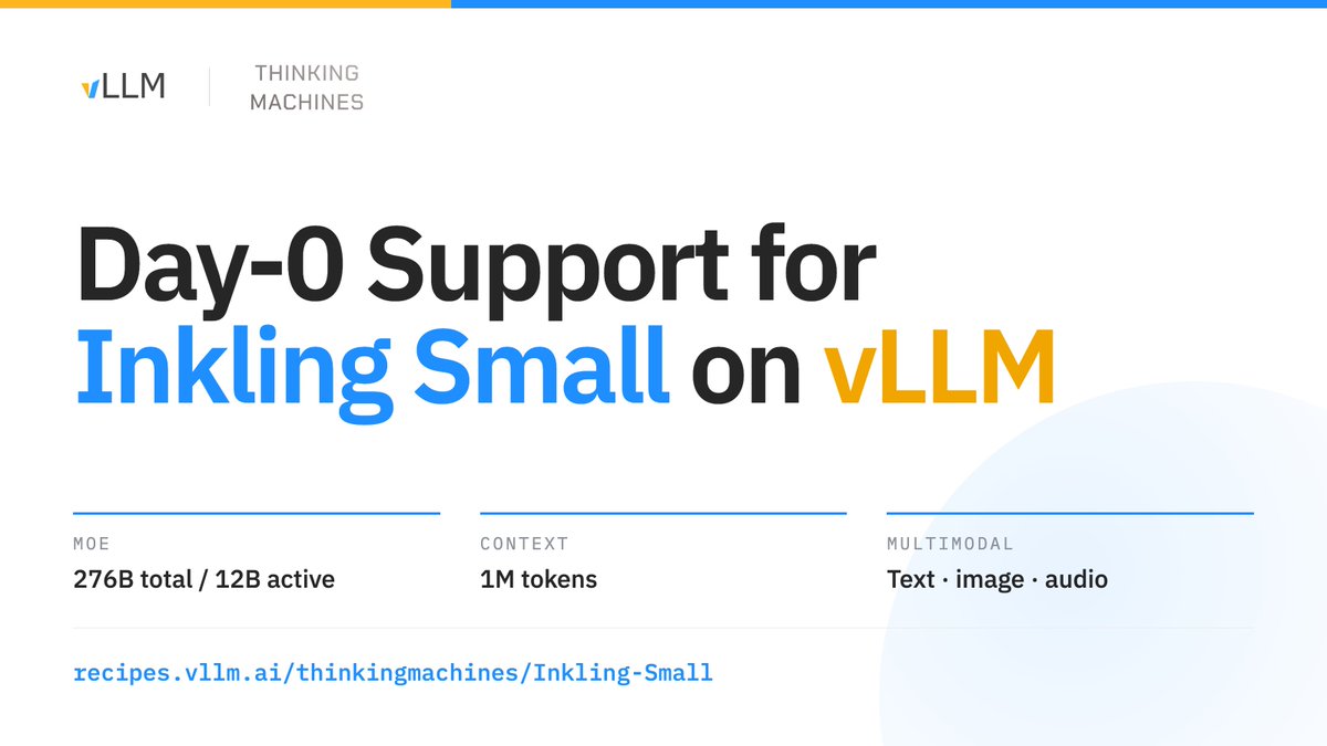Representative image for RT by @NVIDIAAI: 🎉 Congrats to @thinkymachines on Inkling-Small-- live with Day 0 vLLM support!…