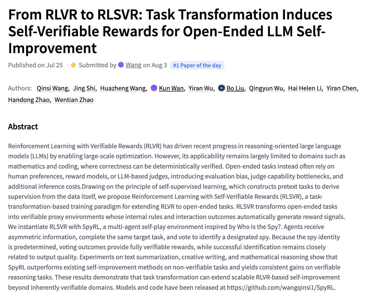 Representative image for From RLVR to RLSVR Task Transformation Induces Self-Verifiable Rewards for Open-Ended LLM…