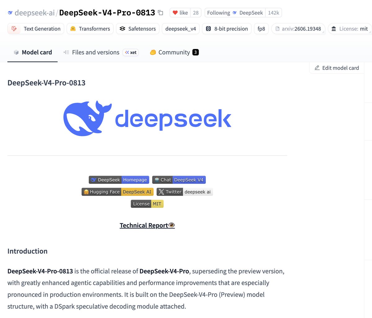 Representative image for RT by @huggingface: new deepseek v4 pro is now open weight on hugging face (mit license) "v4" is a…